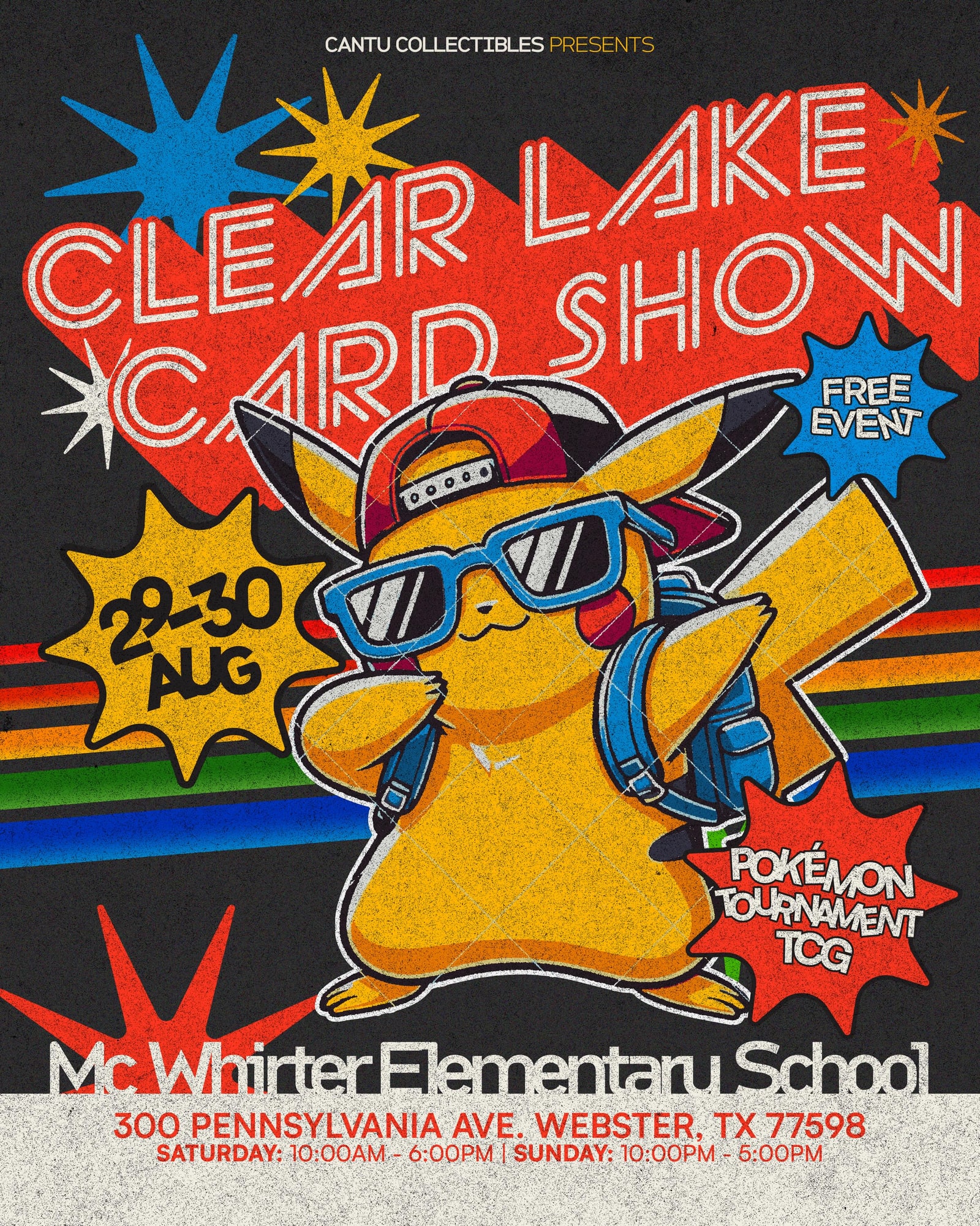 Clear Lake Card Show flyer for August 29 and 30 at McWhirter Elementary School in Webster, Texas